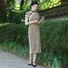 Ethnic Clothing Summer Sexy Plaid Printed Catton Linen Chinese Women Cheongsam Elegant Lace Trim Mandarin Collar Short Sleeve Qipao Dresses