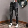 Hommes Jeans Street Fashion Hommes Rétro Noir Gris Élastique Slim Fit Détruit Déchiré Patché Designer Marque Hip Hop Denim Pantalon