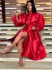 Vêtements ethniques Femmes Robe Rouge Puffy Ball Robe De Bal Élégant À Manches Longues Bouton Up Africain Femme Robe Célébrer La Mode Fête D'anniversaire