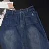 23 printemps/été nouveau Style de banlieue Simple et à la mode 3D poche impression lettre taille haute fendue Denim demi-jupe