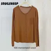 Women's Knits 100 Mercerized Wool Fashion Pocket Women Cardigan Brown Top Woman Clothes Luxury Knit Jacket Womens Sweater Autumn Vintage