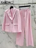 Calças femininas de duas peças 312 Temperamento GuliChic Elegante Bling Vertical Stripe Ombro Pads Solto Blazer Rosa ou Calças Set Mulheres 230802