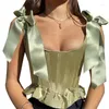 Women's T Shirts Summer Green Slim Corset Camis Tops Lotus Brim RIbbon Strap Sleeveless Tshirt Tees Low Cut Sexy High Street Women Corselet