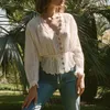 レディースブラウスZessam Wave Embroidery Women Shirt V-Neck Lengeve Lace Up Button Cardigan Vintage Classic Casuary Lady Top 2023