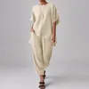 Calças femininas de duas peças casuais pulôver de manga curta com decote em O ternos longos roupas streetwear de verão roupas soltas roupas retrô de linho de algodão conjuntos femininos