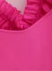 女性のブラウスシャツ夏のシフォンブラウス女性透明オーガンザピンクパフフリルスリーブバックボウブラウスセクシーなスリムショートトップメスキャミソール230802