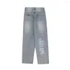 Hommes Jeans Rétro Poche Lettre Broderie Déchiré Casual Hommes Et Femmes Droite Harajuku Surdimensionné Streetwear Lâche Denim Pantalon Bleu