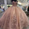 Champagner, schulterfrei, mit Spitze und Blumenapplikation, Quinceanera-Kleider, Ballkleid, Tüll, Festzug, Abschlussball, Party, Süße 15-16