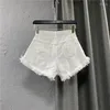 Damen-Shorts, weiß, hoch tailliert, Denim für Damen, mit Fransenkanten, A-Linie, weites Bein, koreanische Hose