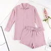 Vrouwen Trainingspakken Vrouwen Linnen Katoenen Pyjama Set Casual Losse Volledige Mouw Knop Shirt Met Ruches Ruffle Shorts Sets Twee Stukken Pak Zacht