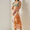 Women's Swimwear Fashion Print Bikini Set Green And Orange Sun Protection Beachwear Long Skirt Ladies Vintage 3 Pieces 230802