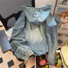 Kvinnors hoodies retro jacka mode denim tröja hooded casual löst ärmgata kläder koreanska y2k topp 2023 ropa mujer