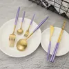 Set di stoviglie Set di posate per coltelli e forchette per uso domestico in acciaio inossidabile 304 semplice oro viola