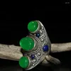 Bagues de cluster vente artisanat chinois ancien tibétain argent incrusté bague de Jade vert pour femmes hommes accessoires de mode