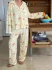 Kvinnors sömnkläder Löst pyjama Set Floral Print Long Sleeve Ladies 2 PCS med byxa Single Breasted Oversize Pijamas kostym Kvinna