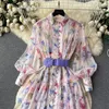 Casual Dresses Runway Ladies Long Dress Clothes Women Chic Lantern Sleeve Flower Printed Fashion Designer Chiffon Holidays Maxi Vestido