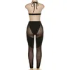 Pantalon deux pièces pour femmes Patchwork maille transparente noir blanc 2 ensemble femmes Sexy licou à lacets haut court maigre Club fête survêtement tenue