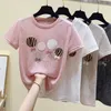 Kadın T-Shirt Elmaslar Aplikewomen Pamuk T-Shirt Kısa Kollu Parlayan Tshirt Kadın O-Neck Yay Pembe Beyaz Tops 230802