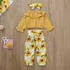 Set di abbigliamento 1-4Y Toddler Baby Girl Abbigliamento manica lunga Ruffle Top Girasole Pantaloni Fascia Abiti Autunno