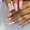 False Nails 24Pcs Pink French Nail Long Ballet Fake With Rhinestone Wearable Coffin Full Cover Tips Manicure Press On