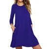 Casual Dresses Summer Women Ladies Solid Color Big Hem Dress Crew Neck Long Sleeve Pockets One Piece Suit Female Sexy Party Clothing