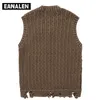 Men's Vests Harajuku solid color hole jumper sweater vest women's y2k retro Korean oversized knitted grandpa ugly sleeveless sweater men's 230802