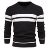 Men's Sweaters Stitching Striped Jumper Sweater Mens Fashion Casual Thicken Warm O-neck Slim Bottoming Knitting Pullovers Male Winter Tops