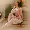 Women's Sleepwear Autumn Velvet Pajamas Set Women Sexy Pink Lace Trim Nightwear Trouser Suits Loose Casual Home Clothes Lounge Wear