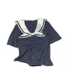 Summer New Navy Style Simple Fashion Sweet Temperament Striped Polo Tie Sequin Contrast Short Sleeve T-shirt