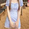 Summer dress Square Collar Girl Wind Bud Bubble Sleeves Blue Chequered Dresses Short skirt with slim waist y2k goth dress 210602