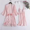 Vrouwen Nachtkleding Zomer 2 Stuks Gewaad Nachtjapon Set Zwart Kant Vrouwen Kimono Badjas Gown Sexy Satijn Thuis Rokkostuum loungewear