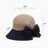 Wide Brim Hats Female Summer Beach Hat Knitted Sun Caps Patchwork Bow Tie 58cm Breathable Grid Outing Travel Sunshade Foldable TY0161