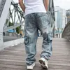 Jeans Masculino Calça de Skate Masculina Plus Size Bolso Solto Calças Hip Hop Denim Masculino Patchwork Streetwear Perna Larga Grande