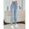 marchio viola Elastico a vita alta da donna con coulisse Pantaloni slim fit lavati Baby blue Jeans da donna in denim strappato alla moda da strada da donna