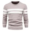 Men's Sweaters Stitching Striped Jumper Sweater Mens Fashion Casual Thicken Warm O-neck Slim Bottoming Knitting Pullovers Male Winter Tops