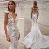 Boho Mermaid Wedding Dress 3D Flowers Appliques Brudklänningar Beach Bohemian Sheer Back Vestido de Casamento