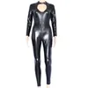 Kvinnors jumpsuits kvinnor svart våt utseende faux vinyl catsuit blixtlås till gren latex lång bodysuit halloween catwomen sexig läder jumpsuit