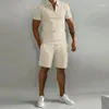 Agasalhos masculinos de verão, manga curta, lapela fina, shorts esportivos, 2 peças, roupas esportivas sólidas, casual, jogging