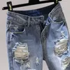 Jeans Feminino 2023 Jeans Buraco CoreanoMulher Primavera Verão Solto Bf Calça Jeans Cintura Alta Calça Reta de Nove Pontos Cowboy