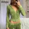 Womens Two Piece Pants Darlingaga Vintage Fashion Green Velour Autumn Tracksuit Women Zip Up Hoodie and Suits Set Workout Solid Outfits 230803