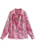 Damesblouses Overhemden Roze Paisley Satijnen Damesblouse Mode Lente Lange mouw Kraagvorm Casual damesoverhemden Vintage vrouwelijke tops 230802