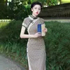 Ethnic Clothing Summer Sexy Plaid Printed Catton Linen Chinese Women Cheongsam Elegant Lace Trim Mandarin Collar Short Sleeve Qipao Dresses