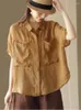 Kvinnors blusar Johnature Women Vintage Ramie Shirts Patchwork Pockets Solid Color Summer Tops 2023 Button Turn-Down Collar Casual T-Shirts