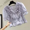 Women's Blouses Ruffles V-neck Patchwork Puff Sleeve Shirt Womans 2023 Summer High Waist Short Ruffled Solid Color Blouse All-Match Top