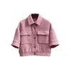 여성용 재킷 고품질 핸드 크래프트 워크숍 핑크 트위드 짧은 코트 여성 쿼터 슬리브 탑 230803
