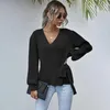 Kadın Sweaters Çapraz Sarılmış Kadın 2023 İlkbahar ve Sonbahar Düz Renk Uzun kollu gündelik V yaka bel bant örme kazak