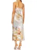 Freizeitkleider Damen Satin Langes Kleid Ärmellos Spaghettiträger Mode Vintage V-Ausschnitt Blumendruck Cocktail Abendkleid