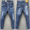 Calças jeans justas masculinas com remendo esfarrapado laca jeans elásticas na moda e na moda