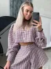 Kvinnors träningsdräkter Plaid Two Piece Short Set Women Summer Puff Sleeve Shirt Topps Wide Leg Shorts Chic 2 Pieces Outfits Female Suit