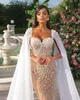 Mermaid Prom Dresses Sleeveless V Neck Straps Capes Appliques Sequins Beaded Floor Length Lace-up 3D Lace Pearls Evening Dress Plus Size Bridal Gowns Custom Made